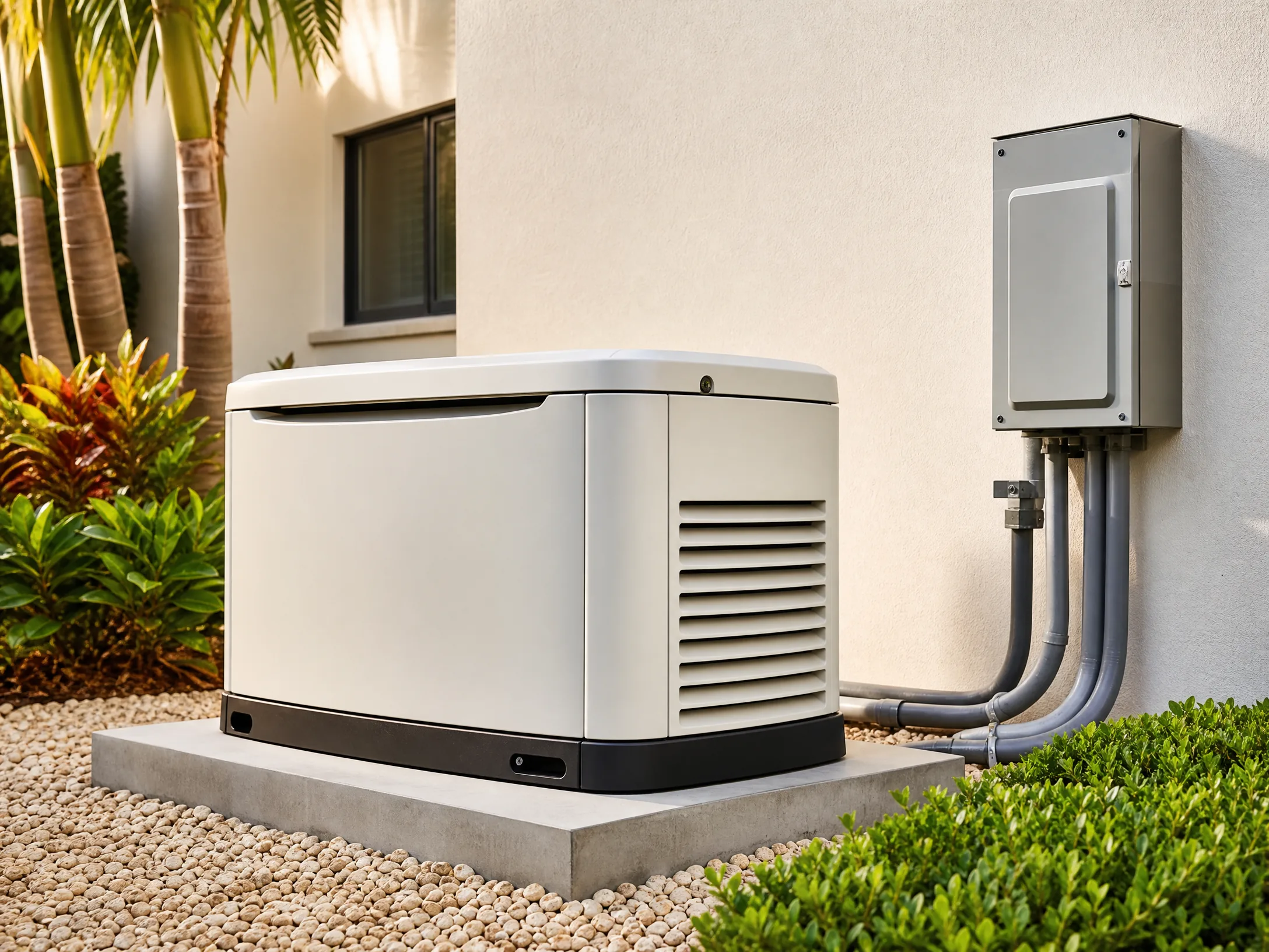 Whole-house standby generator installed on a concrete pad with a transfer switch